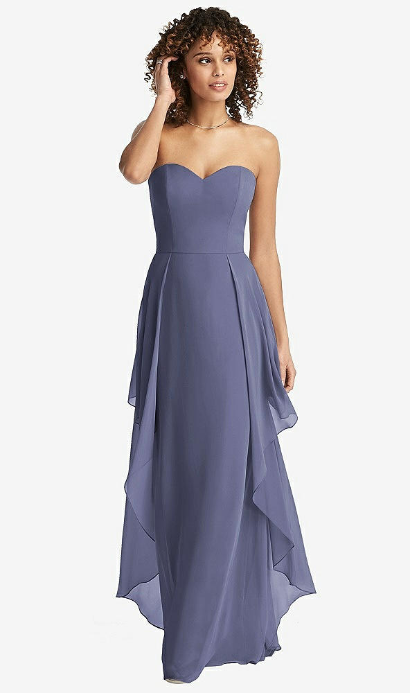 Front View - French Blue Strapless Chiffon Dress with Skirt Overlay