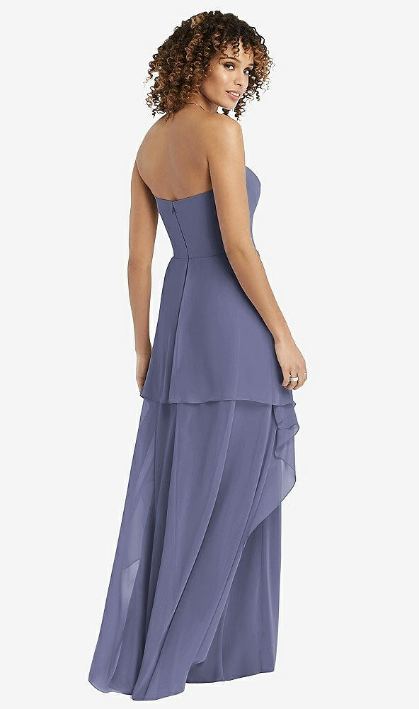 Back View - French Blue Strapless Chiffon Dress with Skirt Overlay