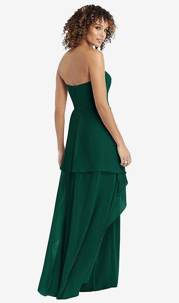Back View - Hunter Green Strapless Chiffon Dress with Skirt Overlay