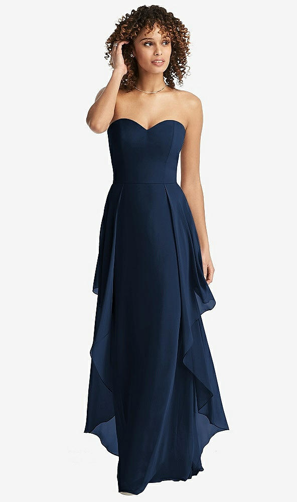 Front View - Midnight Navy Strapless Chiffon Dress with Skirt Overlay