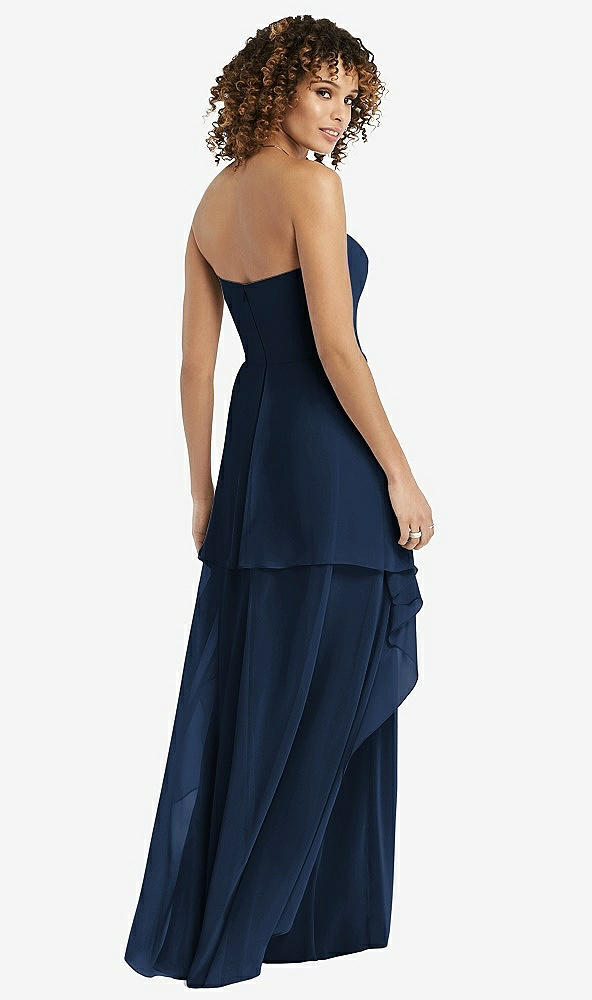 Back View - Midnight Navy Strapless Chiffon Dress with Skirt Overlay