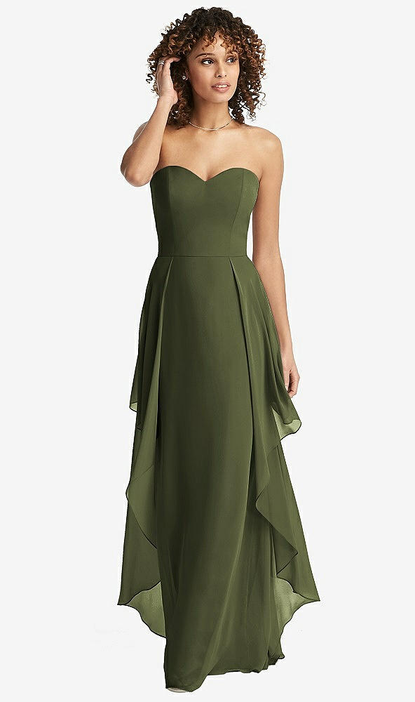 Front View - Olive Green Strapless Chiffon Dress with Skirt Overlay