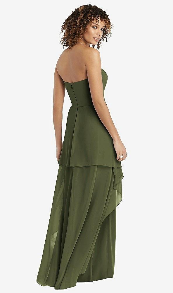 Back View - Olive Green Strapless Chiffon Dress with Skirt Overlay