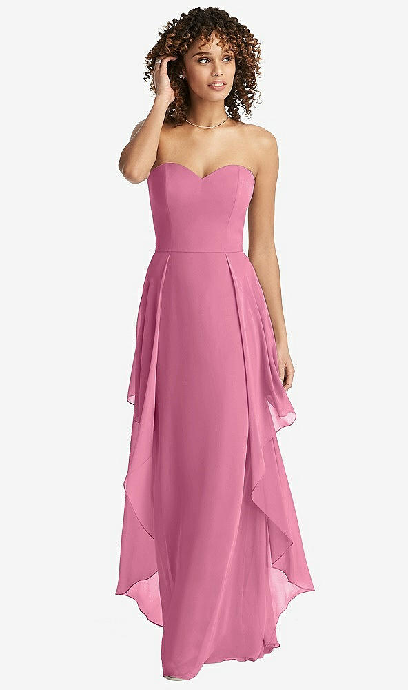 Front View - Orchid Pink Strapless Chiffon Dress with Skirt Overlay
