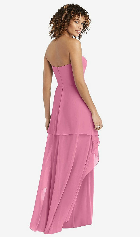 Back View - Orchid Pink Strapless Chiffon Dress with Skirt Overlay