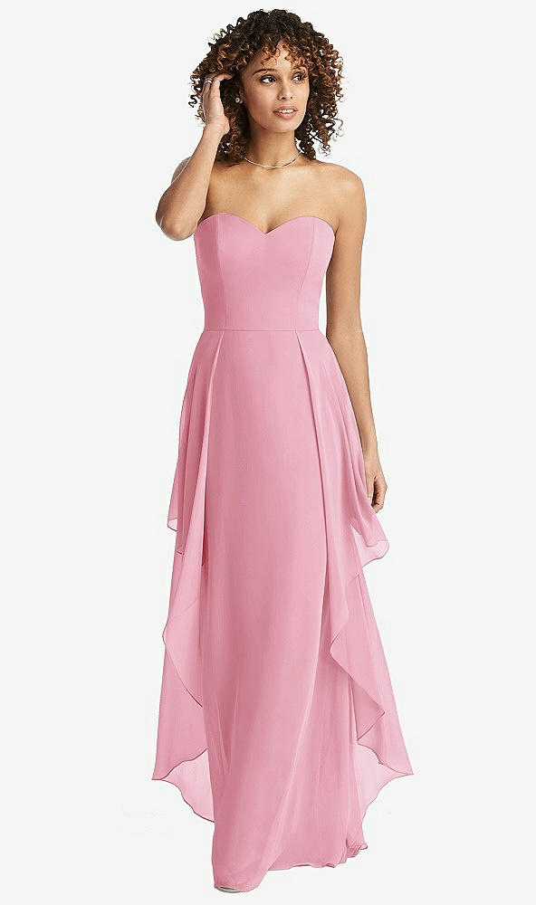 Front View - Peony Pink Strapless Chiffon Dress with Skirt Overlay