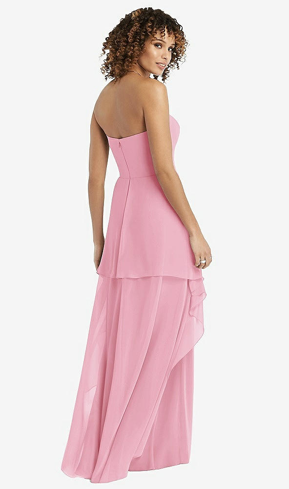 Back View - Peony Pink Strapless Chiffon Dress with Skirt Overlay