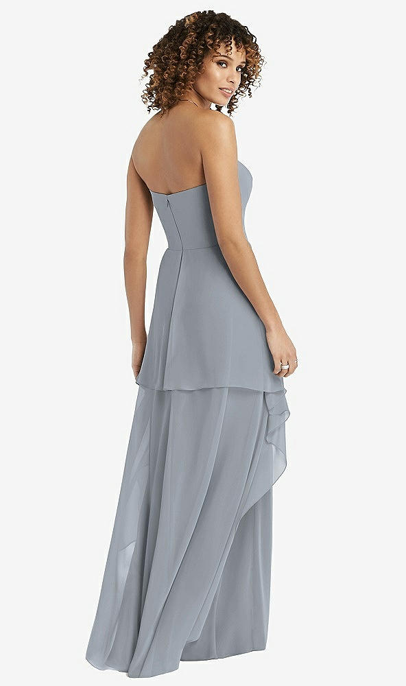 Back View - Platinum Strapless Chiffon Dress with Skirt Overlay