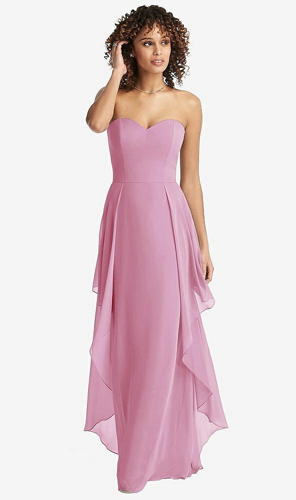 Front View - Powder Pink Strapless Chiffon Dress with Skirt Overlay