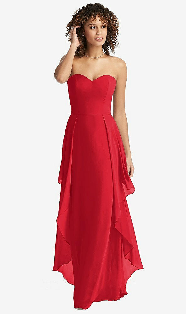 Front View - Parisian Red Strapless Chiffon Dress with Skirt Overlay