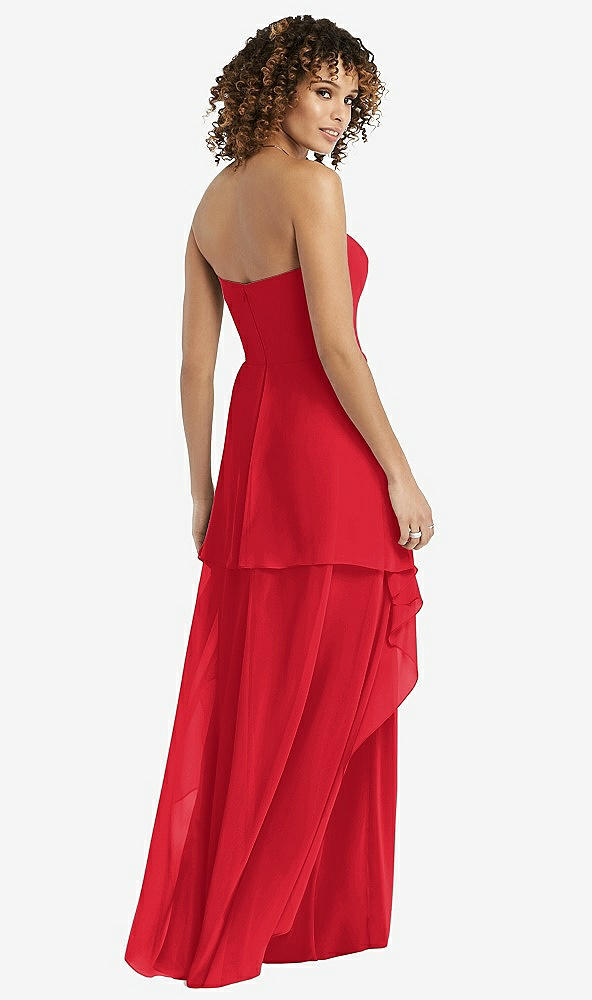 Back View - Parisian Red Strapless Chiffon Dress with Skirt Overlay