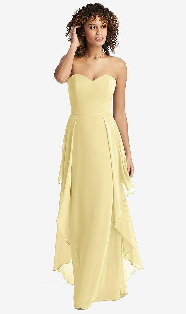Front View - Pale Yellow Strapless Chiffon Dress with Skirt Overlay