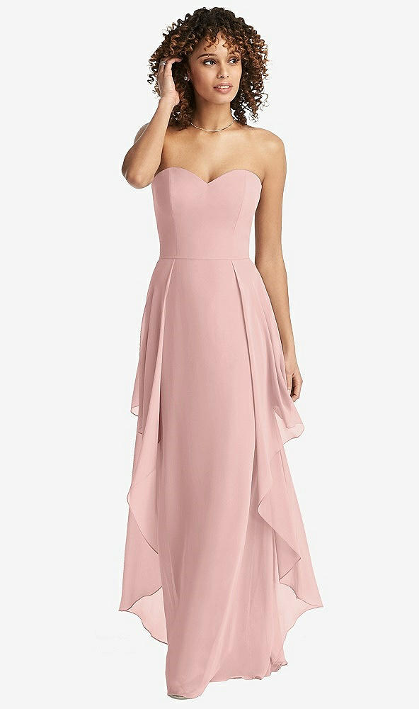 Front View - Rose - PANTONE Rose Quartz Strapless Chiffon Dress with Skirt Overlay