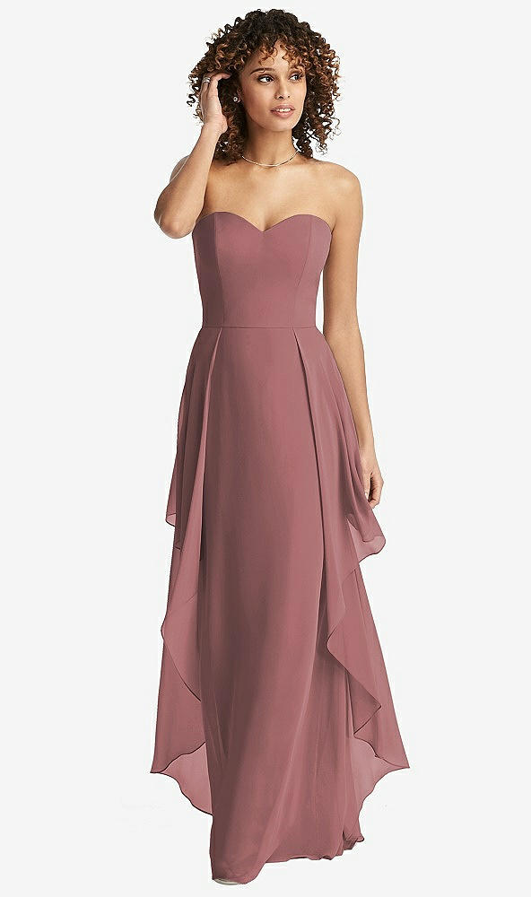 Front View - Rosewood Strapless Chiffon Dress with Skirt Overlay