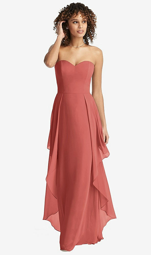 Front View - Coral Pink Strapless Chiffon Dress with Skirt Overlay