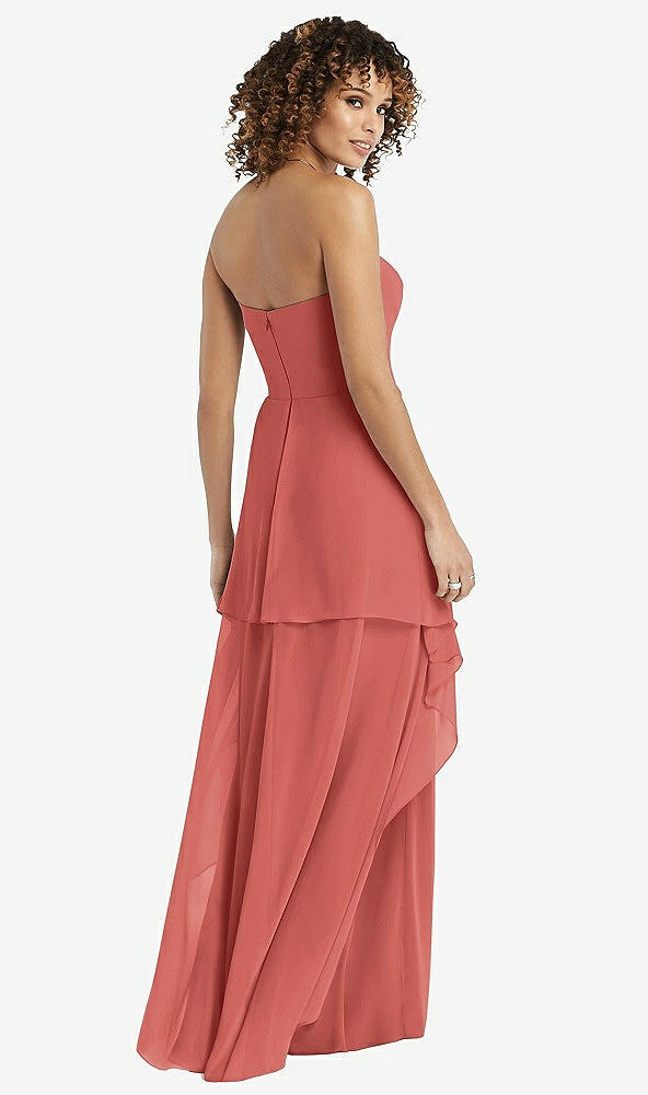 Back View - Coral Pink Strapless Chiffon Dress with Skirt Overlay