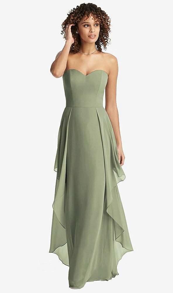 Front View - Sage Strapless Chiffon Dress with Skirt Overlay