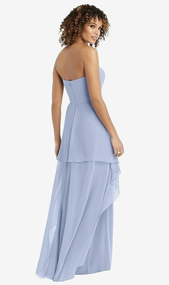 Back View - Sky Blue Strapless Chiffon Dress with Skirt Overlay