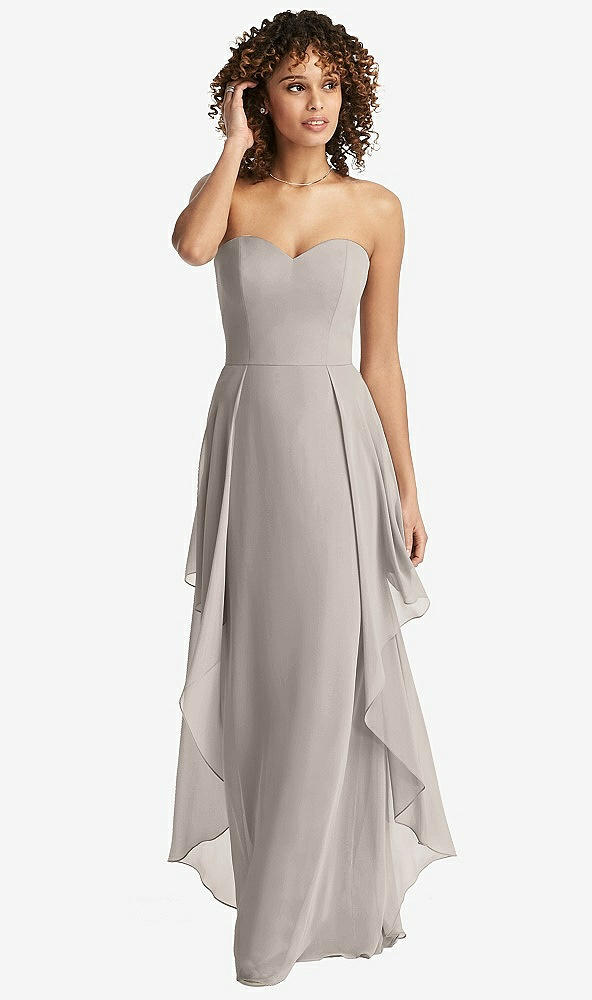 Front View - Taupe Strapless Chiffon Dress with Skirt Overlay