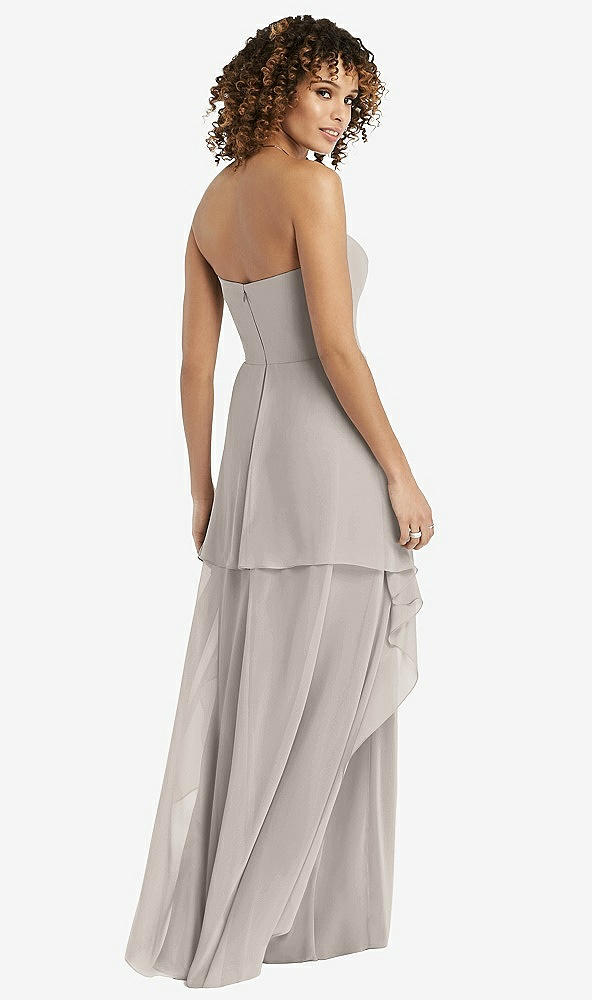 Back View - Taupe Strapless Chiffon Dress with Skirt Overlay