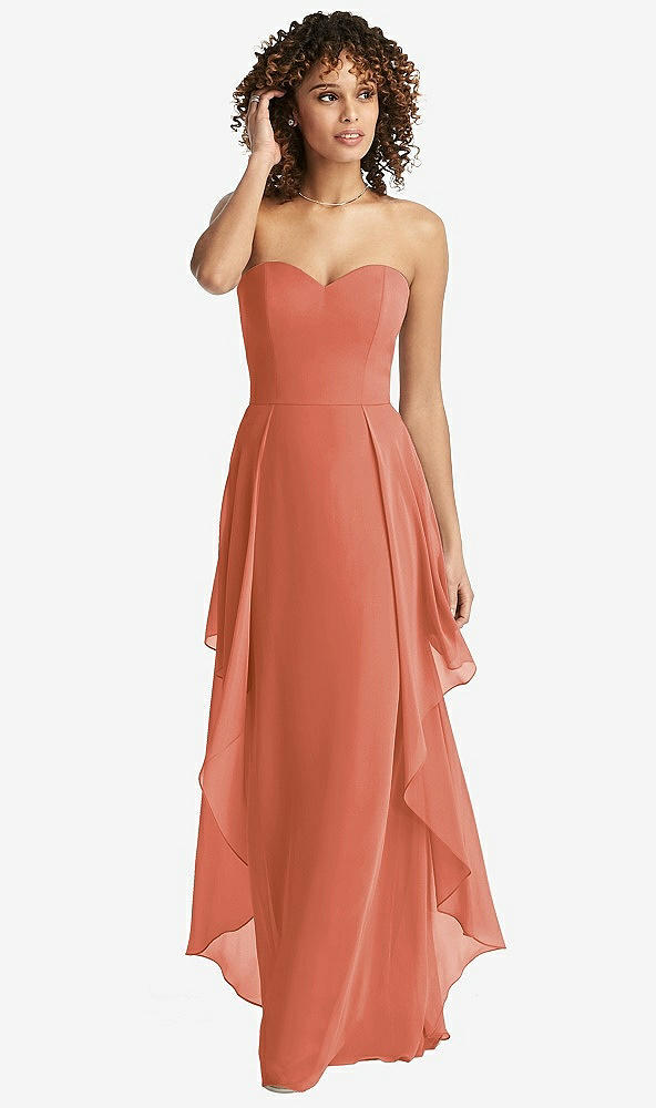 Front View - Terracotta Copper Strapless Chiffon Dress with Skirt Overlay