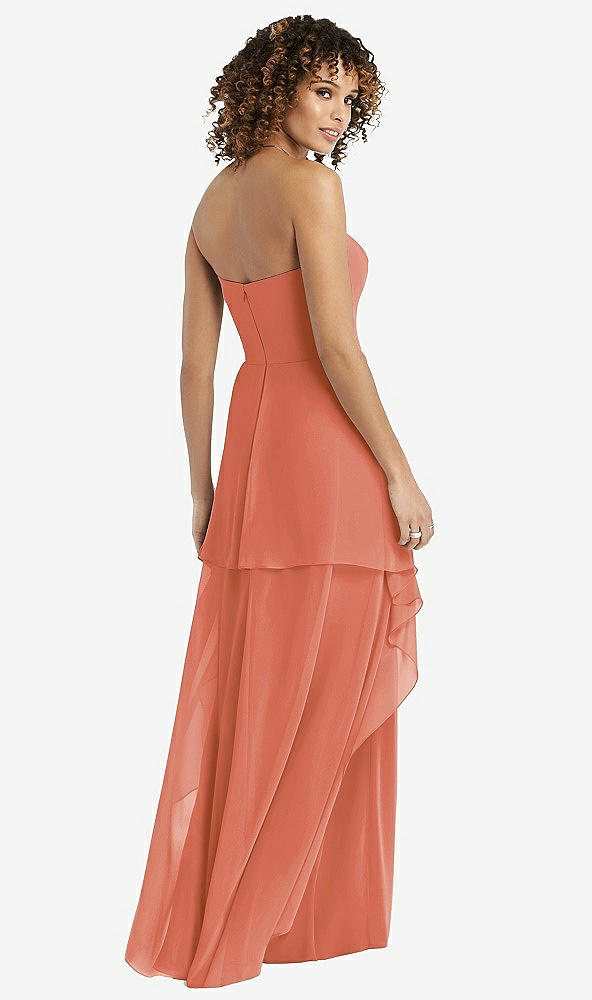 Back View - Terracotta Copper Strapless Chiffon Dress with Skirt Overlay