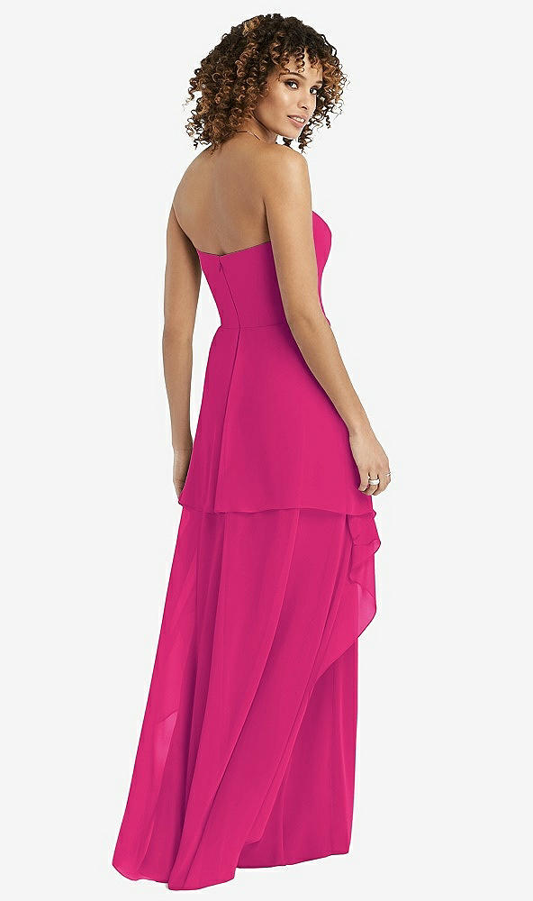 Back View - Think Pink Strapless Chiffon Dress with Skirt Overlay