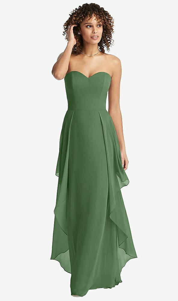 Front View - Vineyard Green Strapless Chiffon Dress with Skirt Overlay