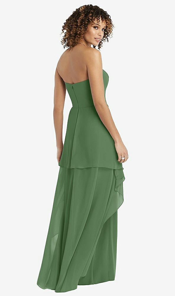 Back View - Vineyard Green Strapless Chiffon Dress with Skirt Overlay
