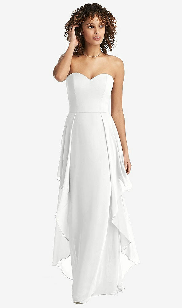 Front View - White Strapless Chiffon Dress with Skirt Overlay
