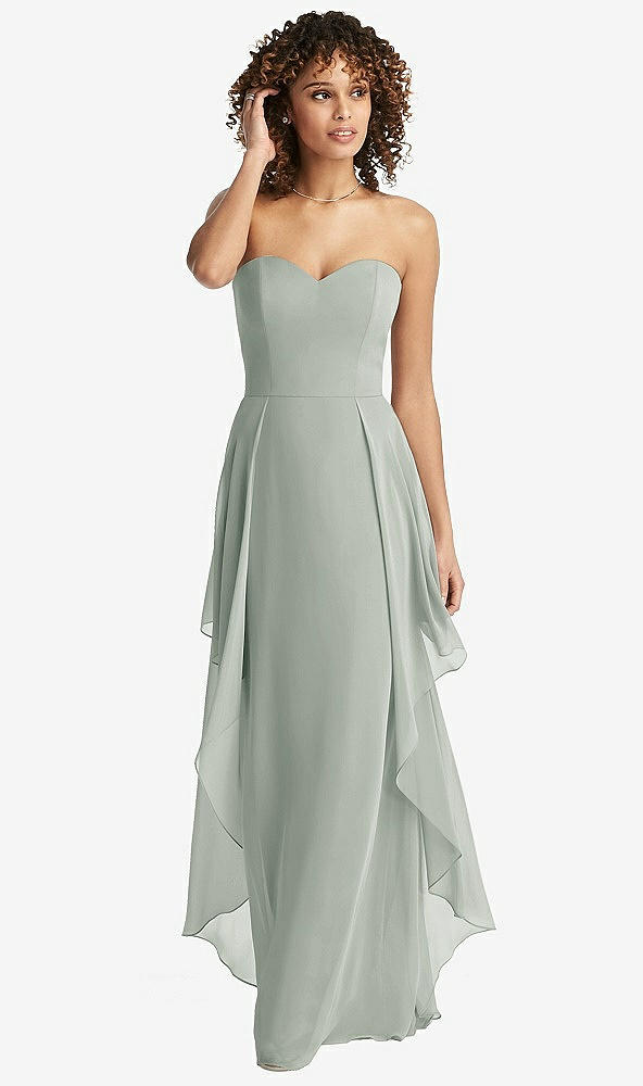 Front View - Willow Green Strapless Chiffon Dress with Skirt Overlay