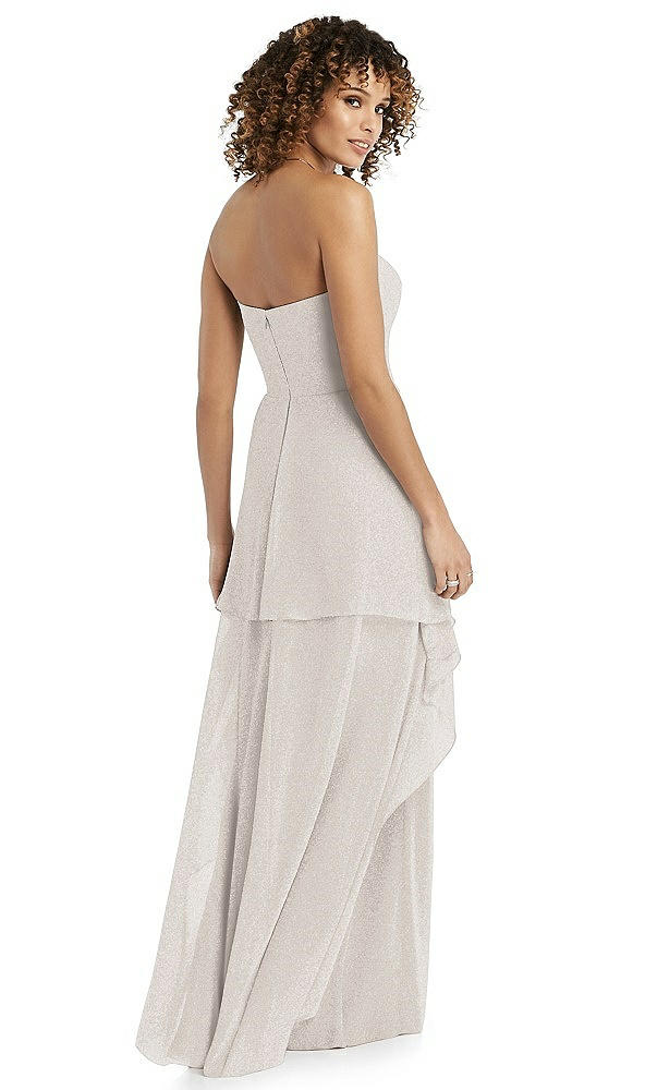 Back View - Taupe Silver Shimmer Strapless Gown with Skirt Overlay