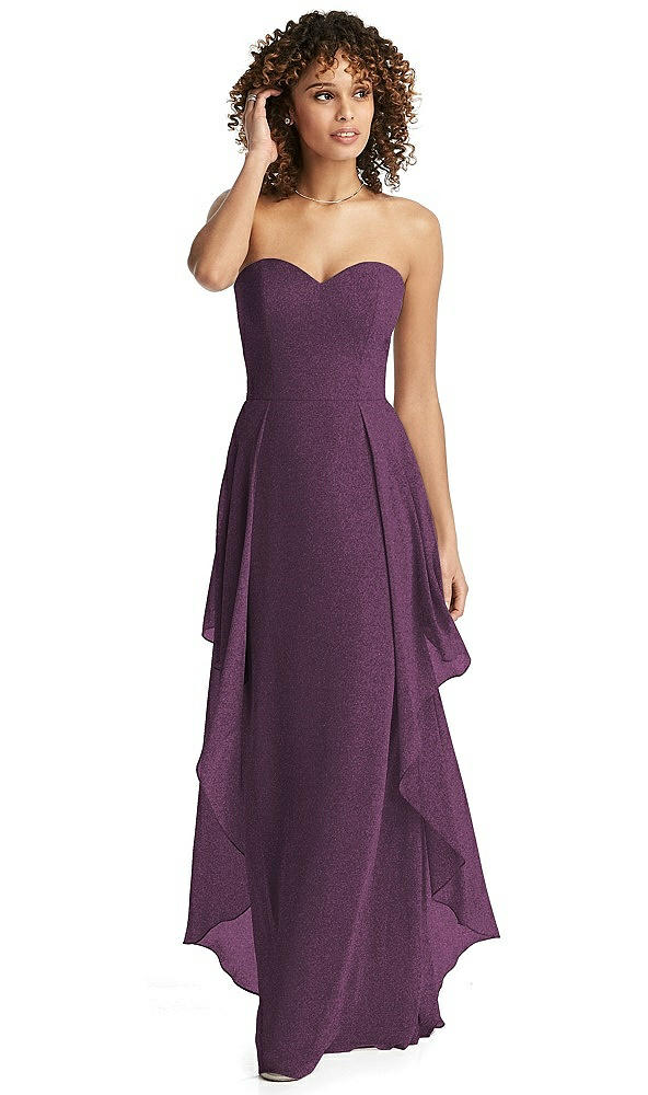 Front View - Aubergine Silver Shimmer Strapless Gown with Skirt Overlay