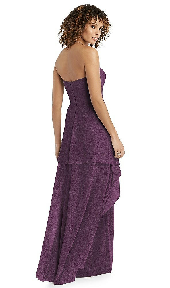 Back View - Aubergine Silver Shimmer Strapless Gown with Skirt Overlay