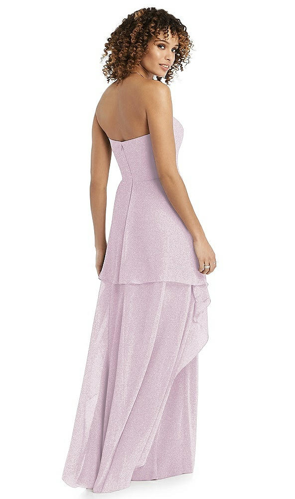 Back View - Suede Rose Silver Shimmer Strapless Gown with Skirt Overlay
