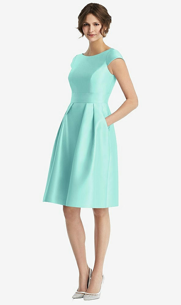 Front View - Coastal Cap Sleeve Pleated Cocktail Dress with Pockets