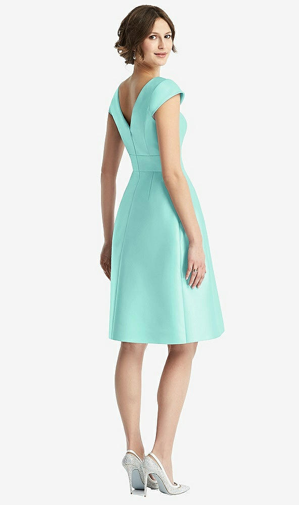 Back View - Coastal Cap Sleeve Pleated Cocktail Dress with Pockets