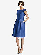 Front View Thumbnail - Classic Blue Cap Sleeve Pleated Cocktail Dress with Pockets