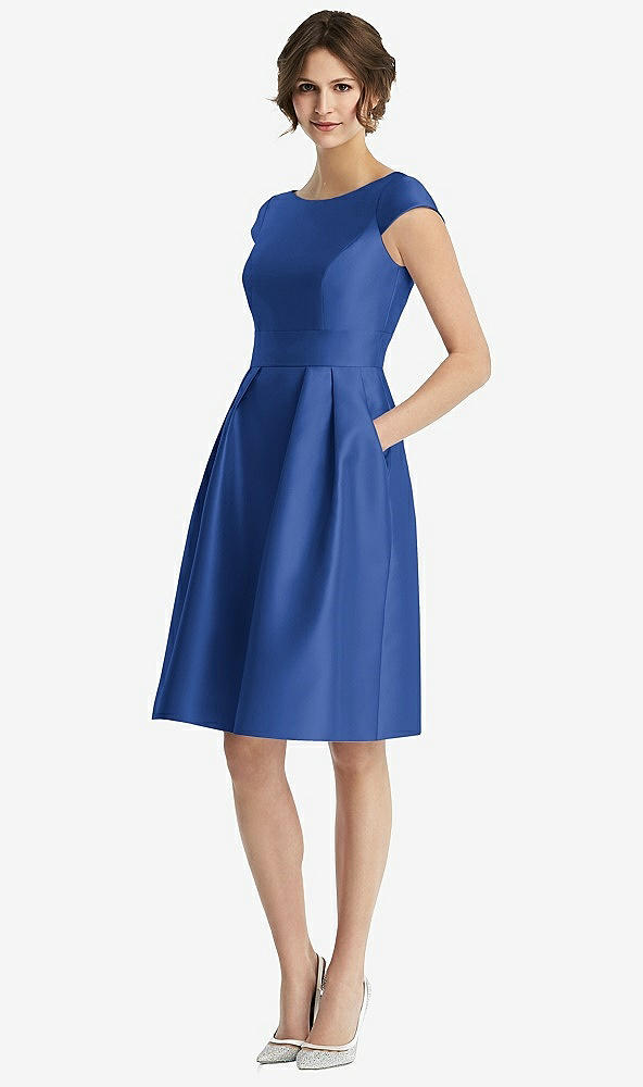 Front View - Classic Blue Cap Sleeve Pleated Cocktail Dress with Pockets