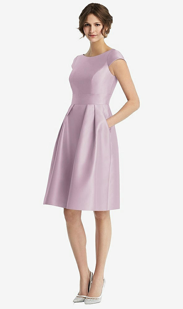 Front View - Suede Rose Cap Sleeve Pleated Cocktail Dress with Pockets