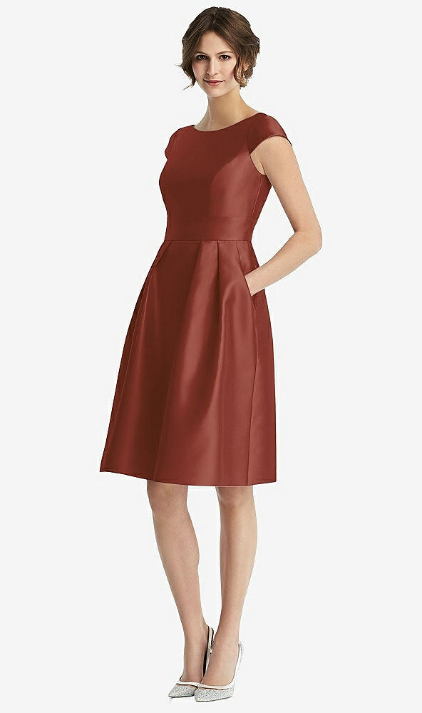 Front View - Auburn Moon Cap Sleeve Pleated Cocktail Dress with Pockets