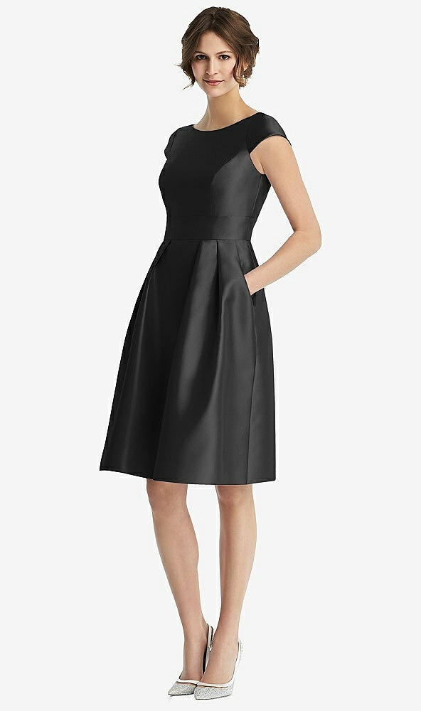Front View - Black Cap Sleeve Pleated Cocktail Dress with Pockets