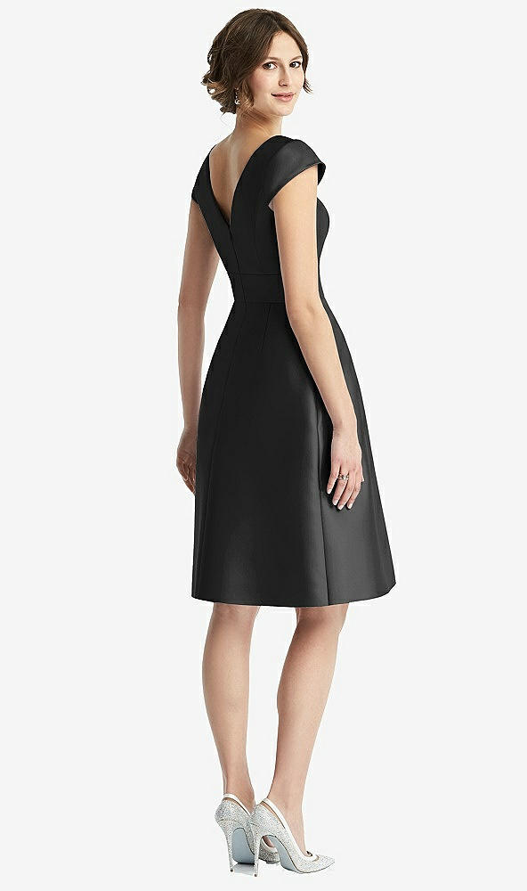 Back View - Black Cap Sleeve Pleated Cocktail Dress with Pockets