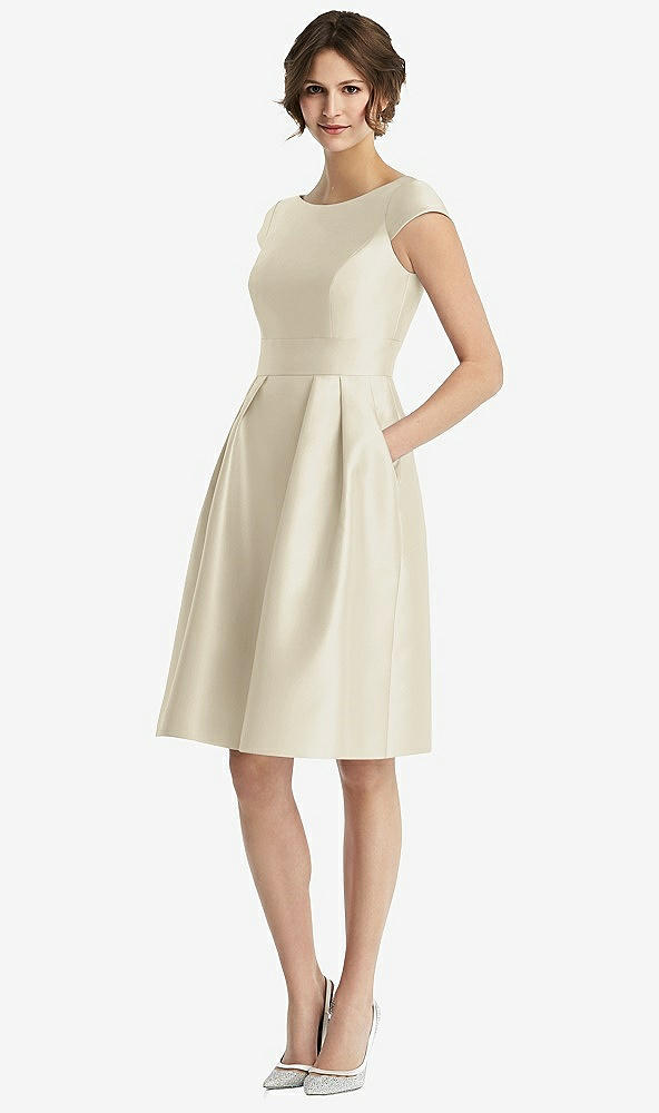 Front View - Champagne Cap Sleeve Pleated Cocktail Dress with Pockets