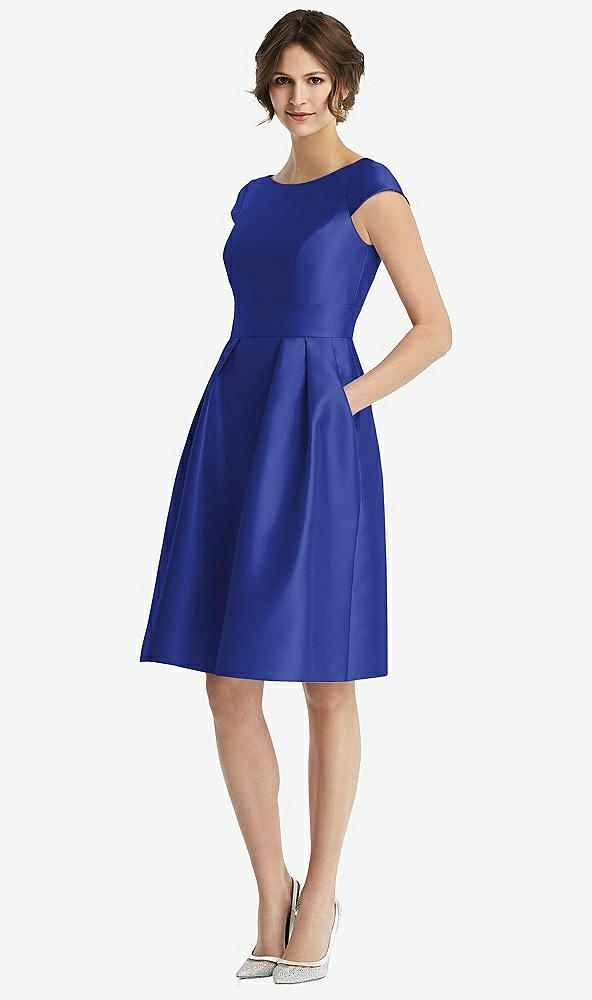 Front View - Cobalt Blue Cap Sleeve Pleated Cocktail Dress with Pockets