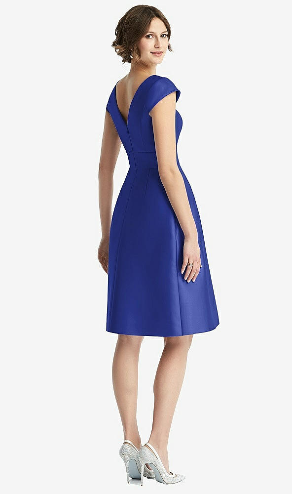 Back View - Cobalt Blue Cap Sleeve Pleated Cocktail Dress with Pockets