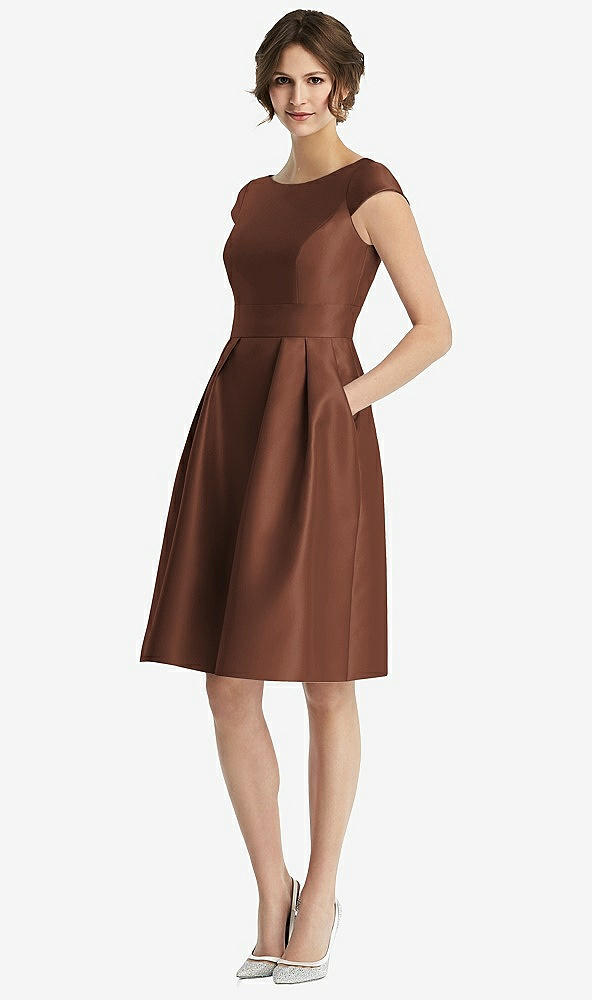Front View - Cognac Cap Sleeve Pleated Cocktail Dress with Pockets