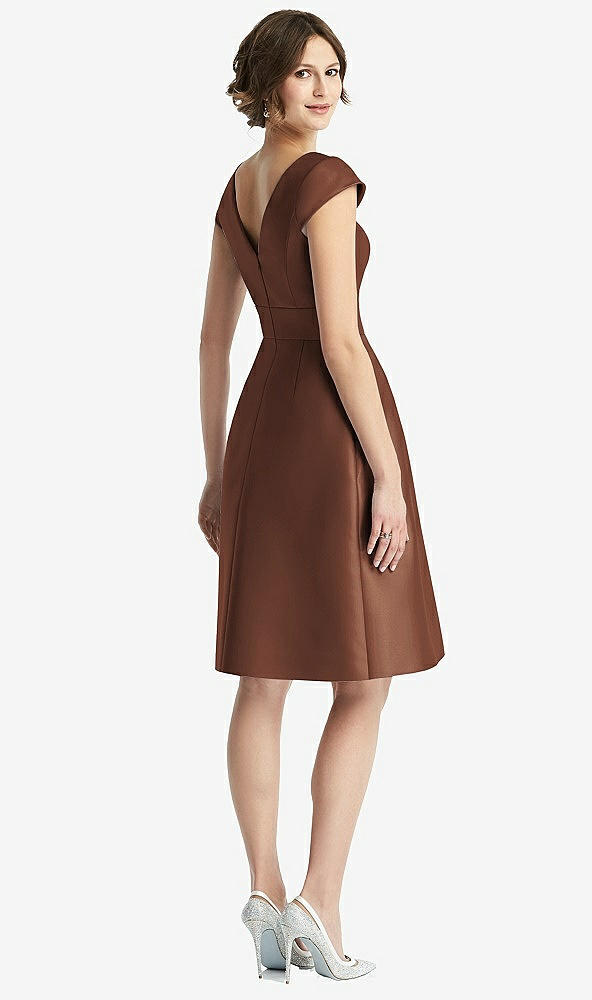 Back View - Cognac Cap Sleeve Pleated Cocktail Dress with Pockets