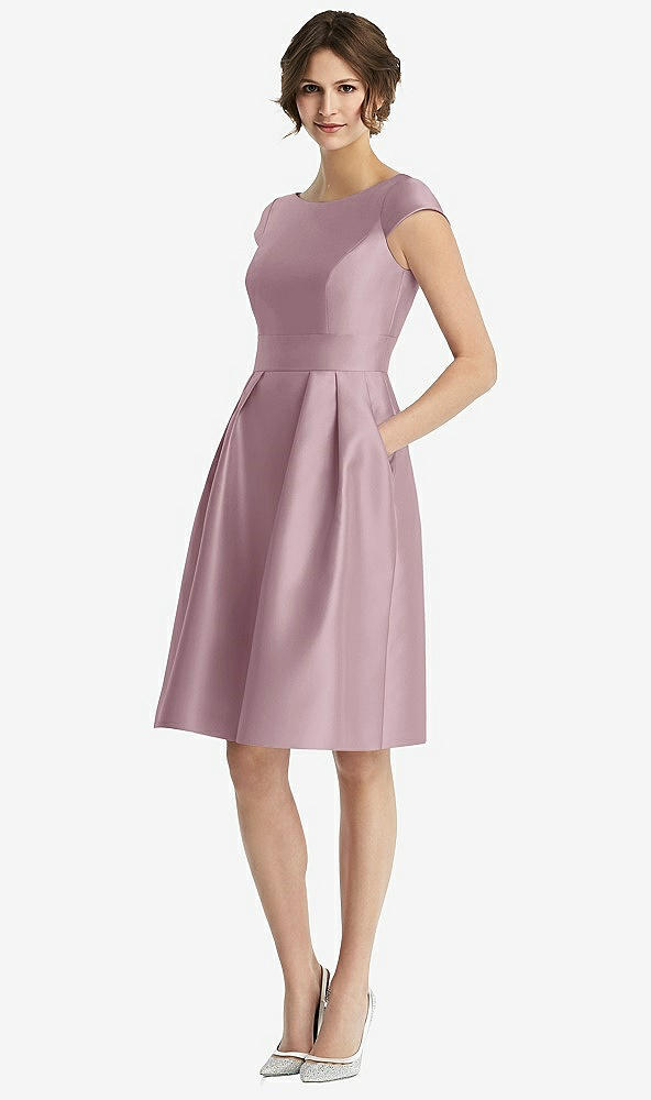 Front View - Dusty Rose Cap Sleeve Pleated Cocktail Dress with Pockets