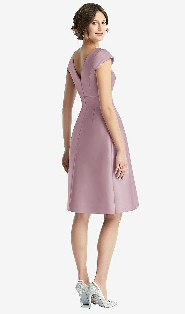 Back View - Dusty Rose Cap Sleeve Pleated Cocktail Dress with Pockets